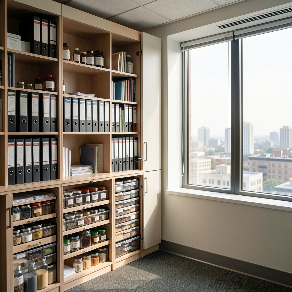 Interior of the Eladora London office: open shelving with reference binders, ingredient sample drawers and a large north-facing window overlooking Portobello Road