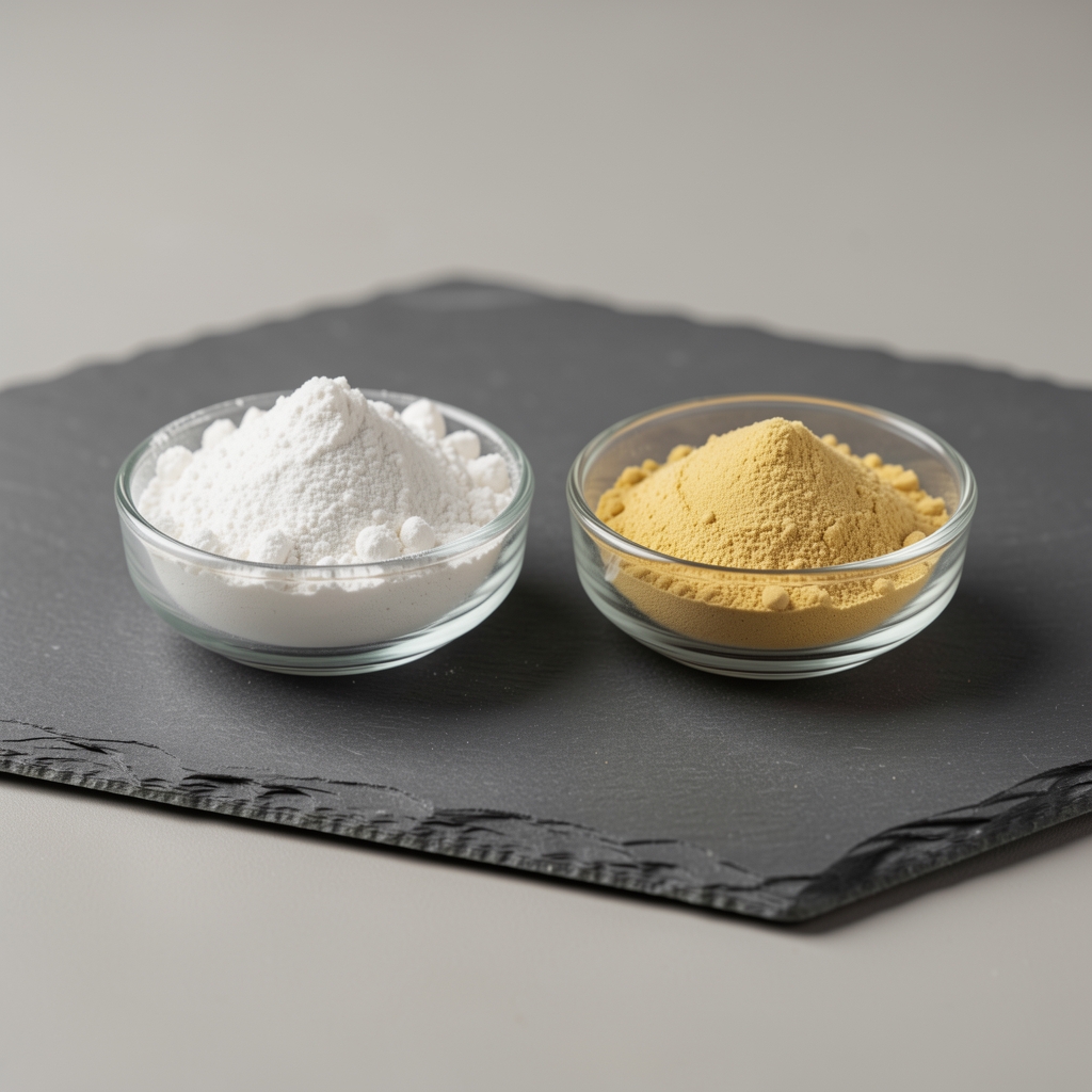 Zinc bisglycinate and magnesium citrate powder samples in two separate small glass dishes, arranged on grey slate under neutral studio lighting